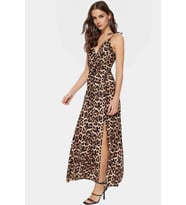 Maxi Leopar Desenli A Line Viskoz Elbise Yırtmaç Detaylı Günlük Şıklık Seçkin Malzeme (Camel)