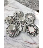 Dekoratif Şık Tasarım Siyah Beyaz Zebra ve Zürafa Motifli 6 Kişilik Kahve Fincan Seti