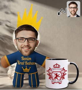 BK Gift Kişiye Özel Fotoğraflı Kral Babam Tasarımlı Bebek Yastık-2 & Siyah Kupa Bardak Hediye Seti-16, Babalar Günü Hediye, Babaya Hediye