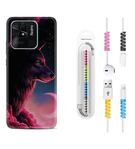 Xiaomi Poco X3 Pro M4 Pro X4 Pro C40 10C Kılıf Kablo Koruma Spiral Silikon Wolf and Moon 1380