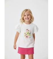 Kız Çocuk Çiçekli Kol Detaylı Tasarım T-shirt (Beyaz)