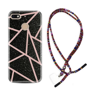 General Mobile GM8 Go GM9 GM20 Pro Plus Kılıf Boyun Asklı Rasta Silikon Pembe Şeritli Mermer 1312