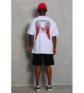 Erkek Kısa Kol Tişört Bisiklet Yaka KANAT Baskılı Oversize T-Shirt - Beyaz