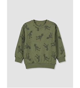 LCW Kids Haki Bisiklet Yaka Dinozor Baskılı Erkek Çocuk Sweatshirt