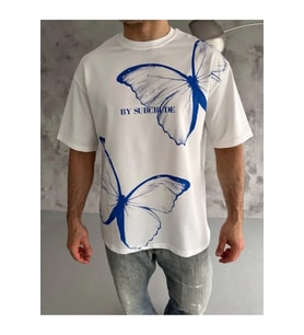 Unisex Bisiklet Yaka Baskılı Oversize T-Shirt - Beyaz