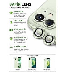 iPhone 11 / 12 / 12 Mini Açık Yeşil Metal Kamera Lens Koruyucu Safir Cam Ultra Net HD