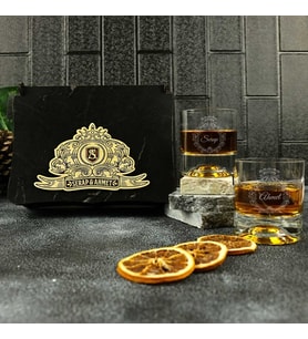 Ahşap Kutulu Vintage Tasarımlı Kişiye Özel 2'li Viski Kadehi Seti