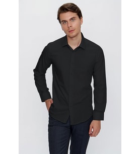 Siyah Uzun Kol Düz Bez Ayağı 041 Sert Yaka Basic Slim Fit Gömlek 1004245057