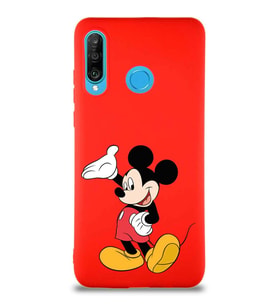 Huawei P30 Lite Soft Premier Kapak Mickey Mouse-C Tasarımlı Silikon Kılıf - Kırmızı (Şeffaf)