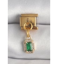 316L Çelik Gold Renk Sallantı Kare Yeşil Zirkon Taşlı Nomination Charm - TJ-BC1352