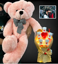 Kişiye Özel Led Işıklı Fotoğraflı Ayıcık Buketi ve Büyük Boy 80cm Pembe Peluş Ayıcık (Model 1)