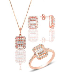 Söğütlü Silver Gümüş rose gümüş baget taşlı üçlü set
