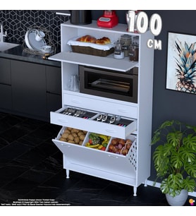 Eliusta Duru 100 cm Çok Amaçlı Fırın Dolabı 2 Çekmeceli 3 Göz Sepetli Kapaklı Banyo Kirli Çamaşır Dolabı
