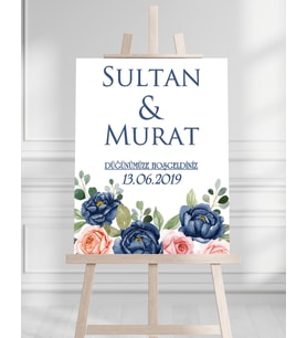 Söz Nişan Düğün İçin 50x70 Karşılama Panosu - Mavi Gül Tasarımlı 003
