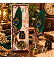 Tavus Kuşu Tüy Divit Kalem Seti Mürekkepli Metal Standlı Vintage Kaligrafi Hediyelik