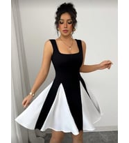 Kadın Kare Yaka çift Renk çan Etek Detay Mini Elbise