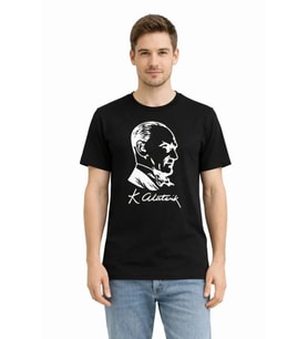 Erkek Atatürk Baskılı Tişört Kısa Kollu Bisiklet Yaka T-Shirt - Siyah