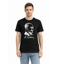 Erkek Atatürk Baskılı Tişört Kısa Kollu Bisiklet Yaka T-Shirt - Siyah