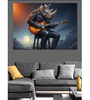 Gitar Çalan Gergedan Rockçı Dekoratif Kanvas - Mdf Ahşap Tablo