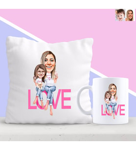 BK Gift Kişiye Özel Anne ve Kız Love Karikatürlü Yastık ve Kupa Seti-1 (Model 1)