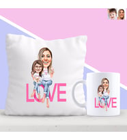 BK Gift Kişiye Özel Anne ve Kız Love Karikatürlü Yastık ve Kupa Seti-1 (Model 1)