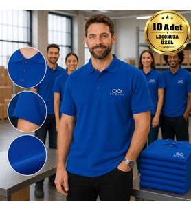 Logonuza Özel 10 Adet Mavi Polo Yaka Tişört - Pamuk Unisex Kurumsal Tişört