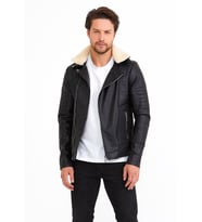 Erkek Siyah Dar Kesim Kuzey Yaka Kürklü Slim Fit Deri Ceket Mont