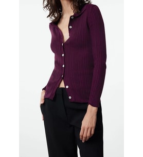 Kadın Modern Tarz Slim Polo Yaka Regular Triko Hırka (Mürdüm)