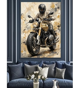 Kasklı Sürücü Ve Modern Motosiklet Dekoratif Kanvas - Mdf Ahşap Tablo
