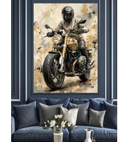 Kasklı Sürücü Ve Modern Motosiklet Dekoratif Kanvas - Mdf Ahşap Tablo