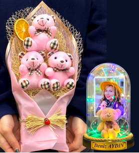 Size Özel Renkli Led Işıklı Fanus ve Büyük Boy Pembe Ayıcık Buketi Hediye Seti (Model 9)