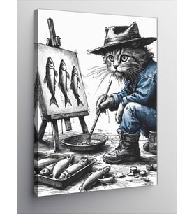 Kanvas Tablo Balık Resmi Çizen Kedi