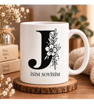 Kişiye Özel Baş Harf ve İsim Yazılı Çiçek Motifli J Harfli Seramik Kupa Bardak