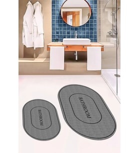 EVDEYA Dijital Baskılı Yıkanabilir Sade Bathroom Yazılı Oval Banyo Paspası Klozet Takımı, OKLOZET-4-GRİ, (Gri)