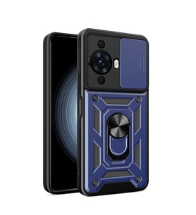Huawei Nova 12S Kılıf Yüzüklü Standlı Sürgülü Kamera Korumalı Tank Sert Silikon Kapak (Lacivert)