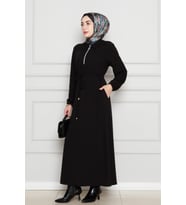 Beli Tünelli Fermuarlı Cepli Elbise-Siyah