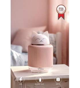 Hava Nemlendiricisi Buhar Makinesi Gece Lambalı Kedi Figürlü 300 ML H8 Pembe