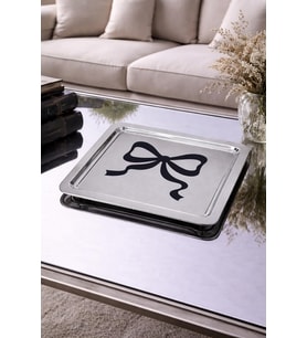 Siyah Fiyonk Desenli Kare Paslanmaz Çelik Kahve Çay Söz Nişan Sunum ve Dekoratif Tepsi