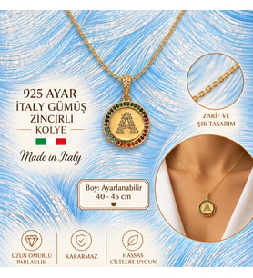 925 Ayar Gümüş İthal Zincirli Zirkon Taşlı A Harfi Kolye 40-45cm Ayarlanabilir