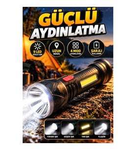 Şarjlı LED El Feneri 9 LED Uzun Menzilli 4 Modlu Güçlü Aydınlatma