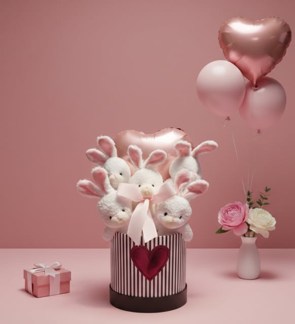 Rose Gold Kalp Balonlu Sevimli Peluş Tavşan Buketi & Özel Seri Kalp Logolu Hediye Kutusu, Gift Box - Sevgiliye, Arkadaşa Sürpriz Doğum Günü & Bebek Hediyesi (Beyaz-Pembe)