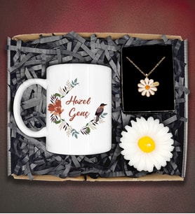 Kişiye Özel Papatya Kolye&Kişiye Özel Kupa&Papatya Mum Hediye Seti