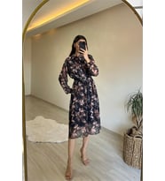 Neşeli butik kadın desenli gömlek yaka midi elbise NM011 (Siyah)