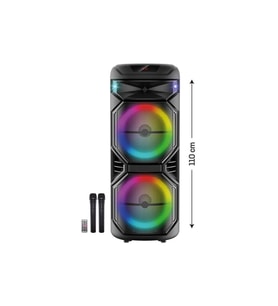 ÇİFT Mikrofonlu Karaoke Seti Bluetooth Kule Hoparlör Dev 10x2 İnç Wooferlı RGB LED Işıklı (Siyah)