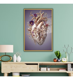 Metal Çerçeveli Cam Dahiliye Poliklinik Tablosu Mor Çiçekli Kalp (Gold)
