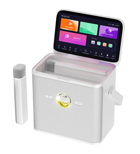 Ikarao Partybox Shell S3 80W Karaoke Bluetooth Hoparlör Seti, 7.1" Dahili Tablet, 2 Kablosuz Mikrofon, RGB Işıklı Taşınabilir Hoparlör, Beyaz