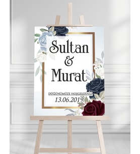 Söz Nişan Düğün İçin 50x70 Karşılama Panosu - Renkli Çiçek Tasarımlı 07