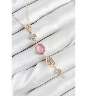 Pirinç Zincir Pembe Gold Renk Zirkon Taşlı Y Kolye 5886 - SSSSSS3285-2377