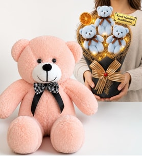 Kişiye Özel Yazılı Mavi LED Işıklı Peluş Ayıcık Buketi ve 50 cm Pembe Peluş Ayıcık Hediye Seti