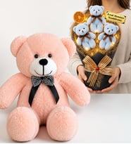 Kişiye Özel Yazılı Mavi LED Işıklı Peluş Ayıcık Buketi ve 50 cm Pembe Peluş Ayıcık Hediye Seti